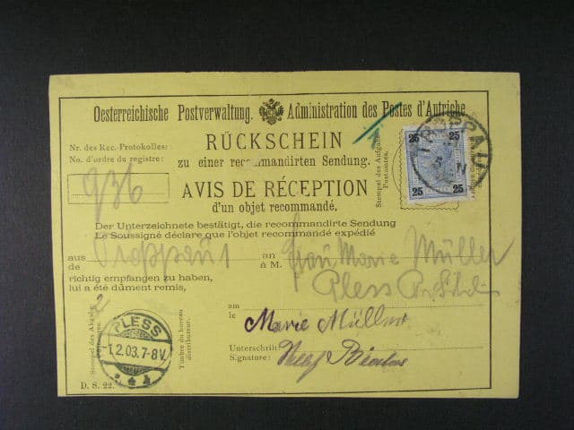 dvojjazyčný mezinár. zpáteční lístek - Rückschein na žlutém papíře frank. zn. Mi. č. 91, pod. raz. TROPPAU 1903, zajímavé