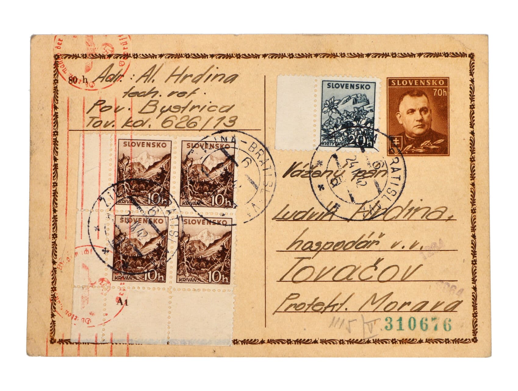 CDV č. 11 DCH 3 (skvrna za h) dofrank. do Protektorátu, pod. raz. VLP Žilina - Bratislava 24.9.42 + německá cenzura, zajímavé