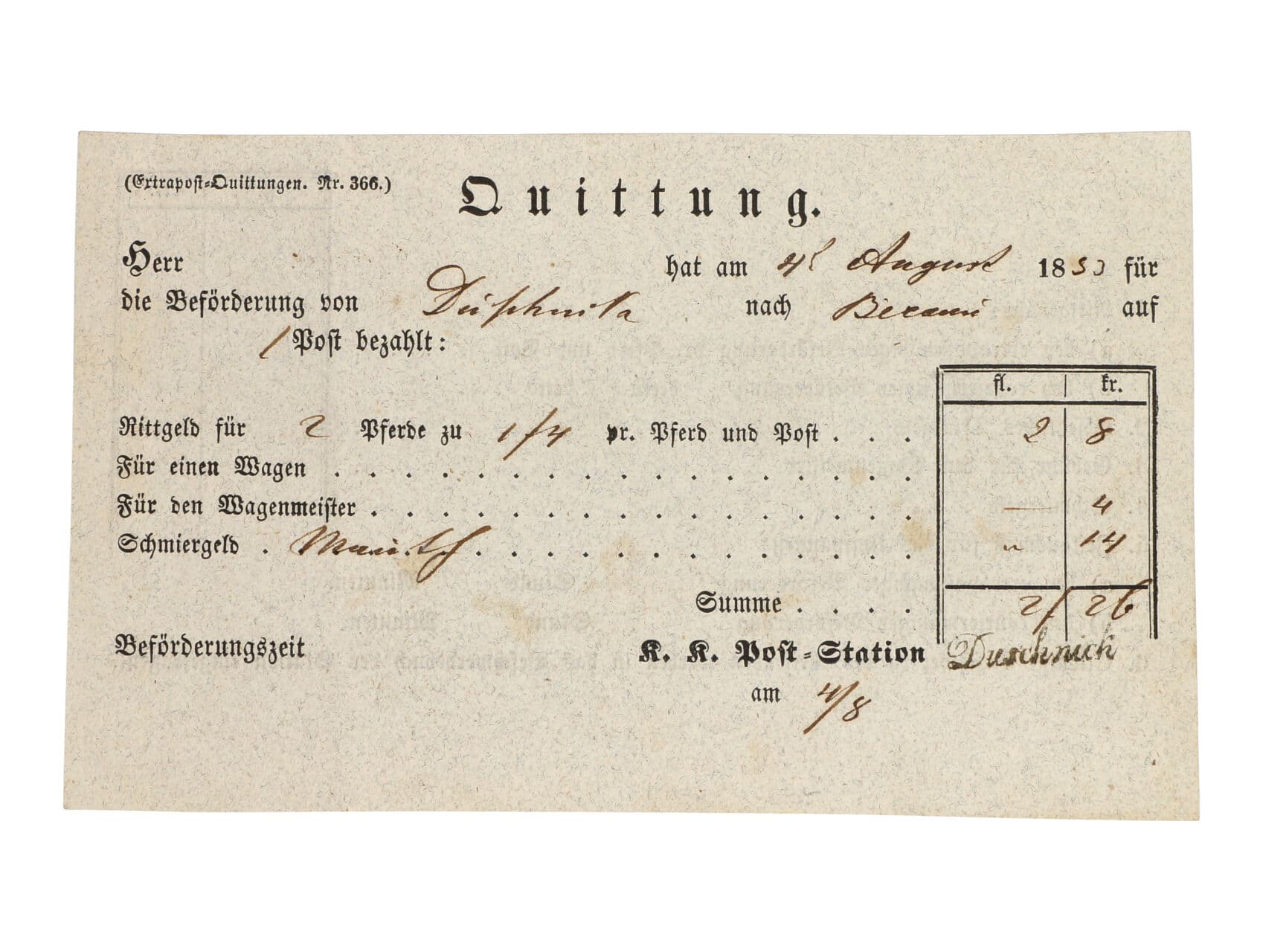 kvitance ze 4.8.1853 o zaplacení jízdného pro dvě osoby z Duschnik do Berouna v ceně 2zl 26kr s rozepsáním ceny na položky s řádk. raz. Duschnik v černé barvě