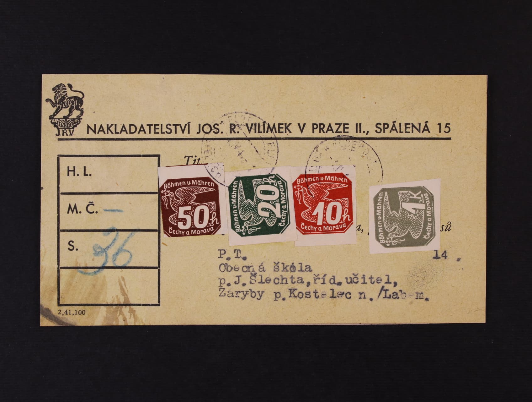 adresní lístek nakladatelství Jos. R. Vilímek v Praze zaslaný na zásilce novin do Kostelce nad Labem, frank. pestrou vysokou frankaturou zn. NV č. 5, NV 7 - NV 9, DR KOSTELEC NAD LABEM 3.4.41