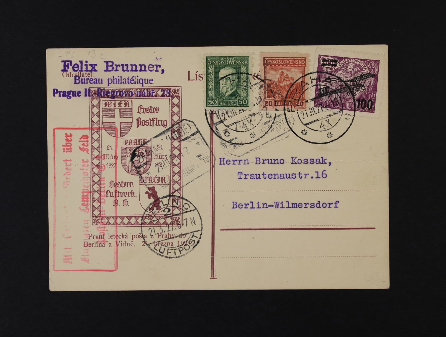 spec. KL s přítiskem 1. let 21.března 1927, frank. mj. zn. L č. 5, pod. raz. PRAHA 1 21.3.27, přídavné rámeč. raz. PRAHA LETIŠTĚ ..., červený rámeč. let. kašet a přích. raz. BERLIN C 21.3.27, zajímavé