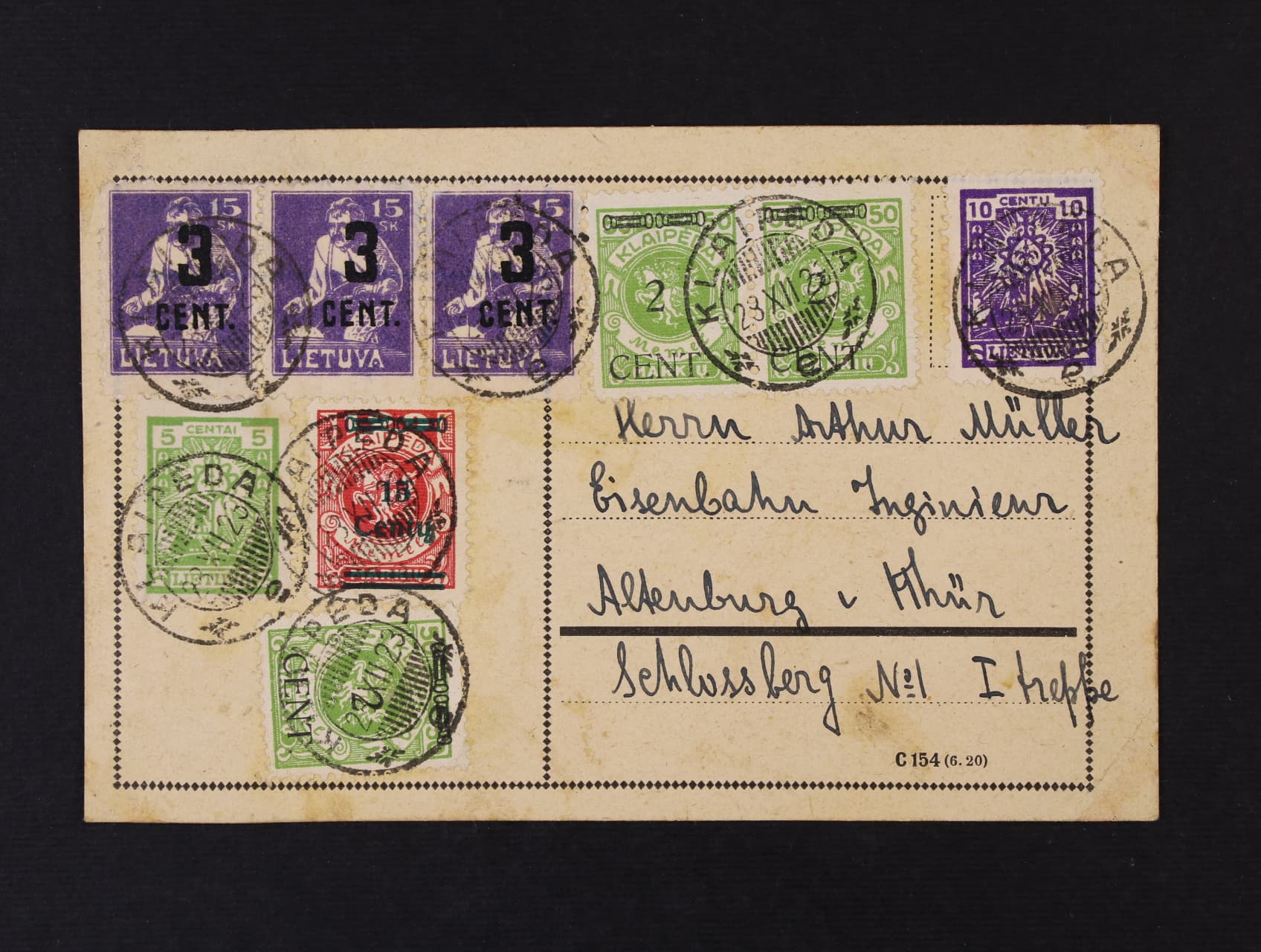 Memel - celistvost frank. smíš. frankaturou zn. Memel Mi. č. 177 (3x), 211 a zn. Litvy Mi. č. 139 ve třípásce + 216, 217, zajímavé, vzácné