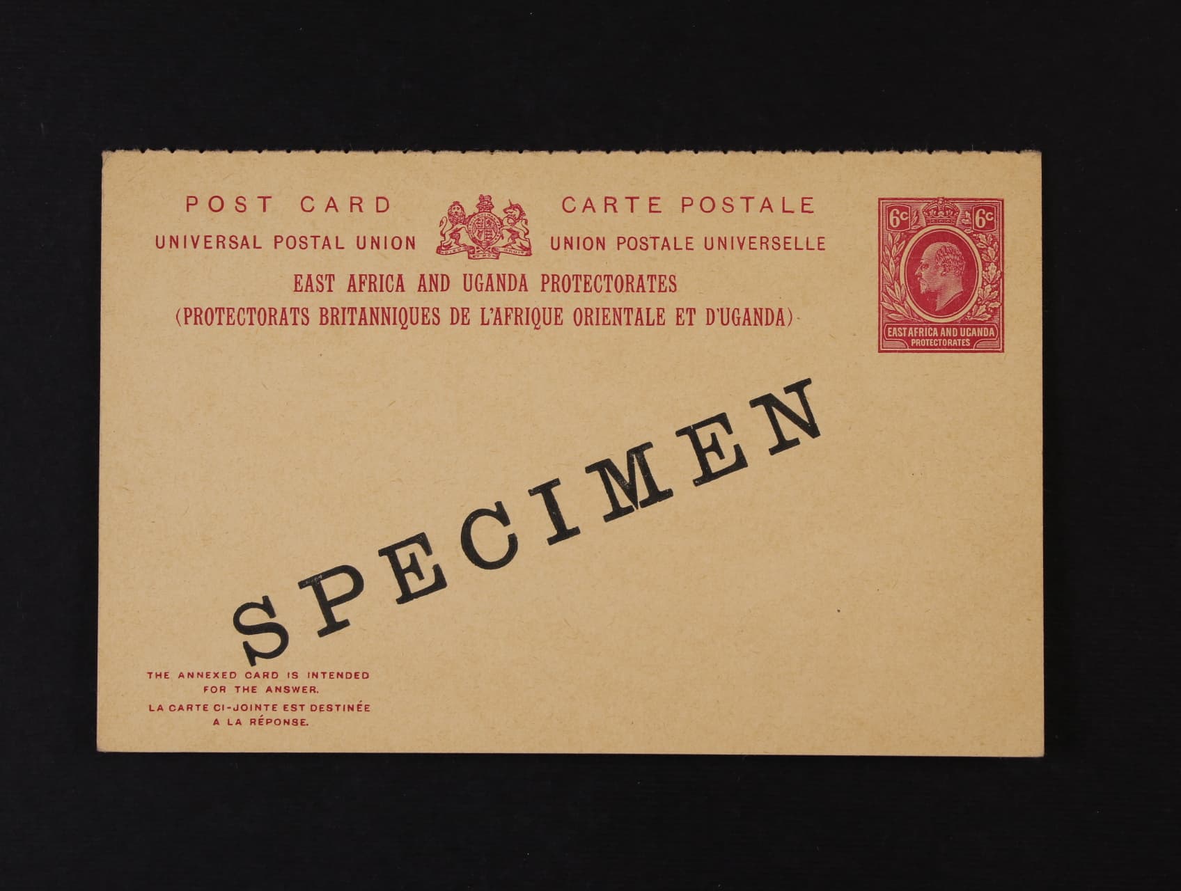 East Africa & Uganda Protectorates - dvoudílná celina s natištěnou zn. 6c a na obou dílech s přítiskem SPECIMEN, zajímavé, vzácné