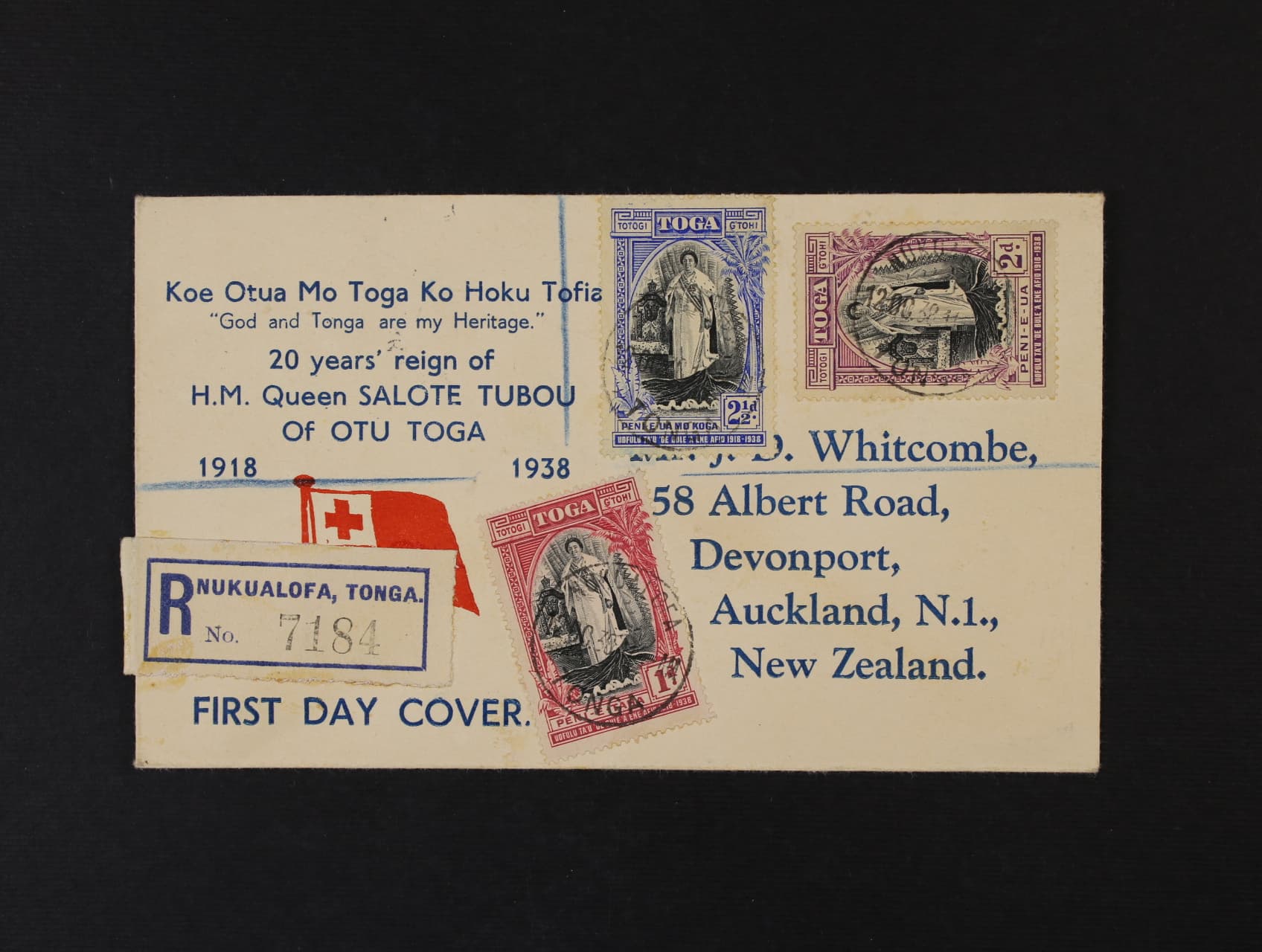 Tonga - R-dopis na Nový Zéland, zajímavá frankatura, pod. raz. NUKUALOFA 12.OCT.38, přích. raz. DEVONPORT 28.OCT.38