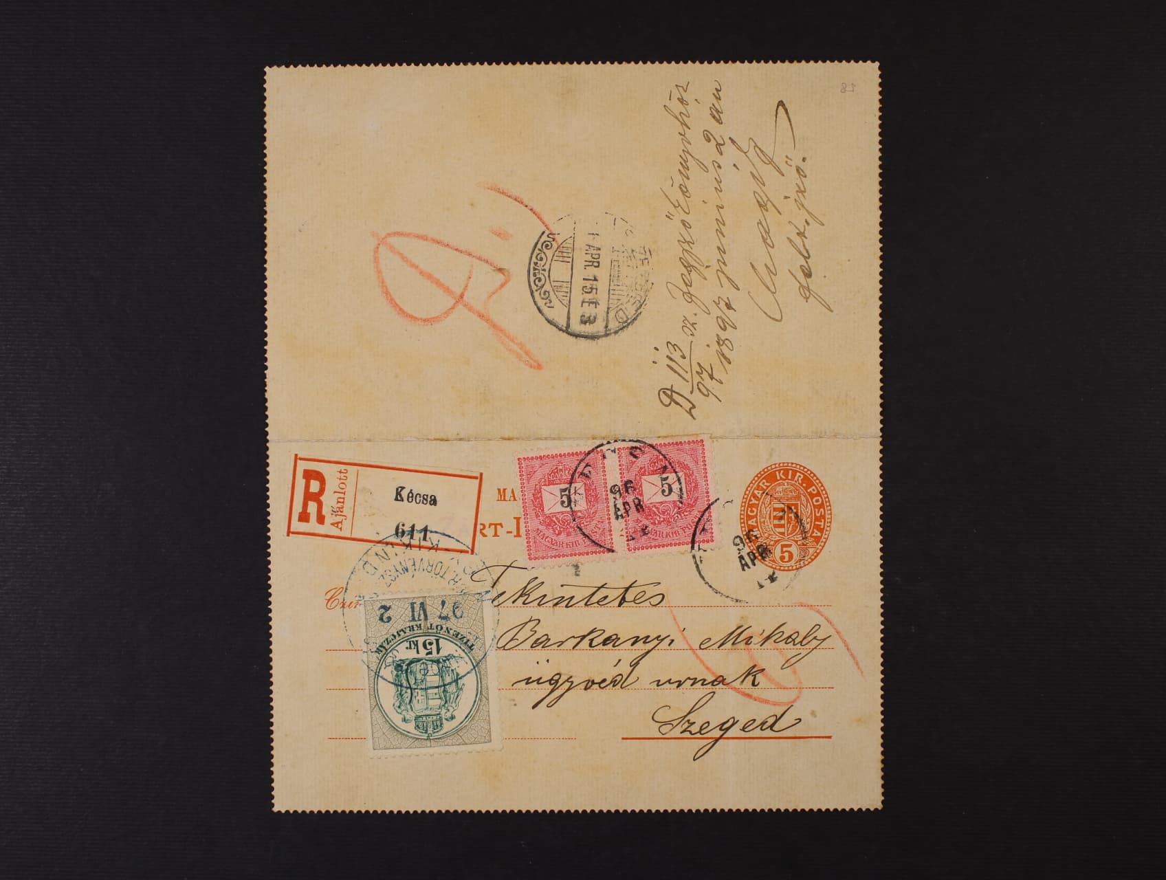 zálepka 5fil znak, dofrank zn. 5fil psaníčko ve vodorovné dvoupásce, poslaná RECO do Szegedu, pod. raz. Kécsa 11.Apr.96 a 15kr kolek (poplatek za uložení), přích. raz. SZEGED 15.APR.96, zajímavé