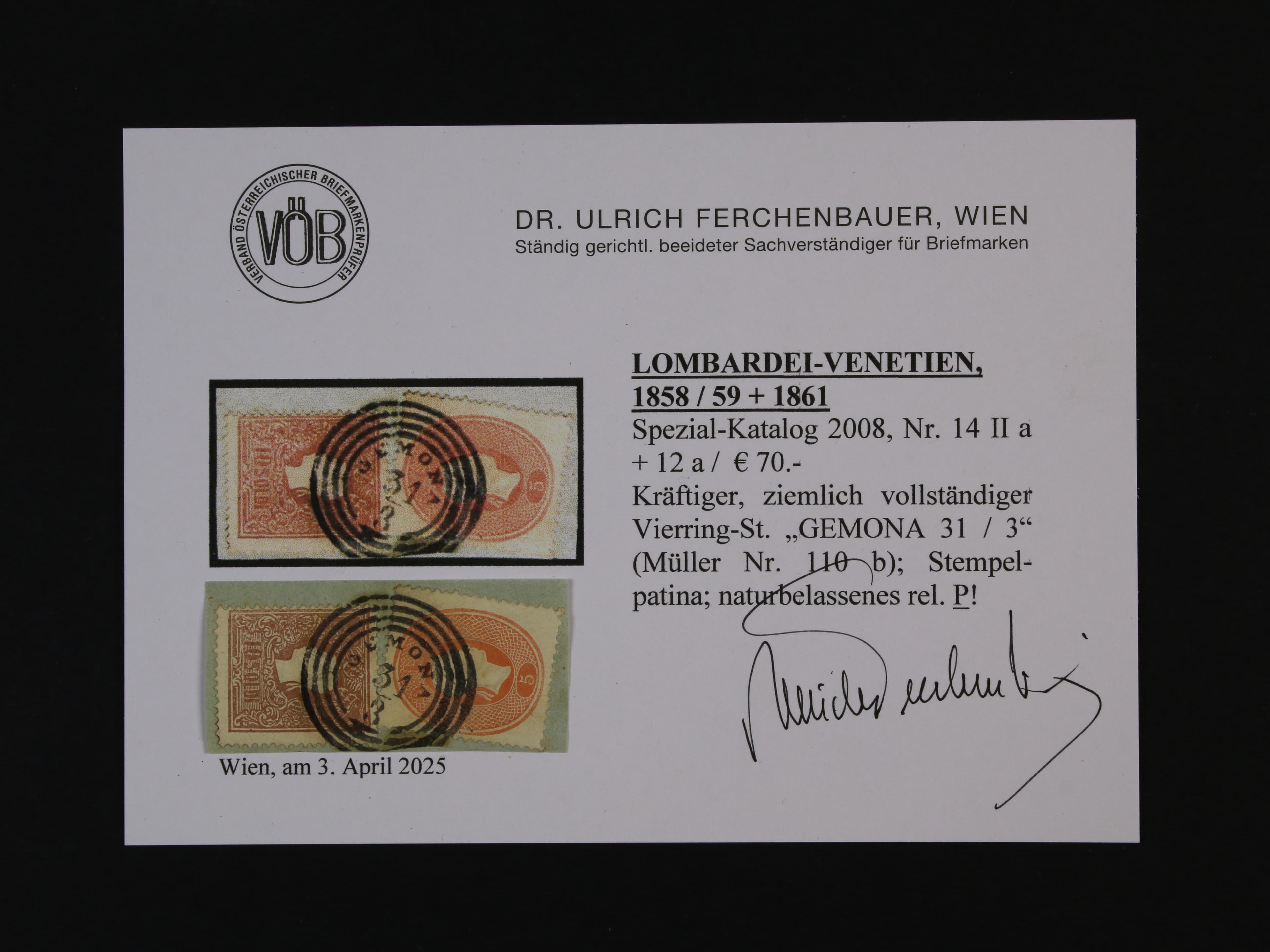 zn. Fe. č. 14 IIa + zn. Fe. č. 12a na výstřižku (smíš. frankatura emisí 1858/59 + 1861), raz. GEMONA 31.3., zk. a atest Ferchenbauer