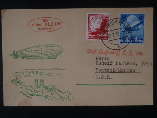 Zeppelinova letecká pošta 1936 - korespondenční lístek" Mitt Luftschiff LZ 129"