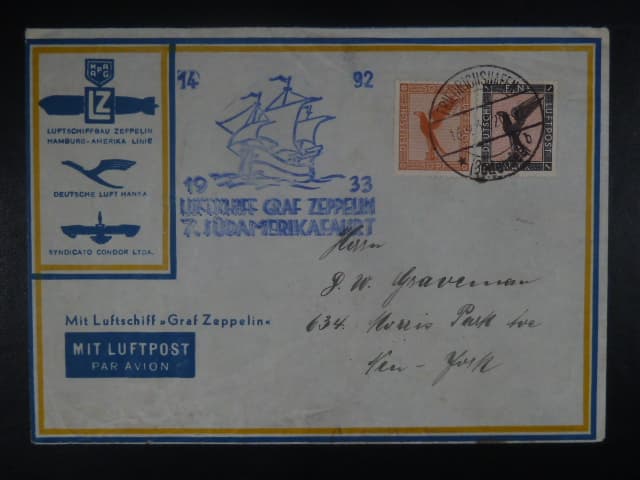 Zeppelinova letecká pošta 1933 - dopis "7. SÜDAMERIKAFAHRT"