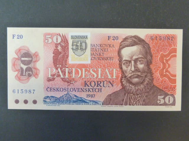 50 Sk/Kčs 1987 s. F 20 kolkovaná, sériová čísla blíž u sebe, Baj. SK2a