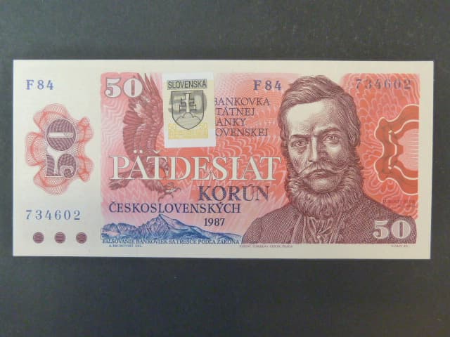 50 Sk/Kčs 1987 s. F 84 kolkovaná, sériová čísla dál od sebe, Baj. SK2a