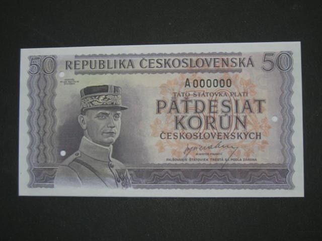 50 Kč 1945, anulát v jiném barevném provedení, oboustranná