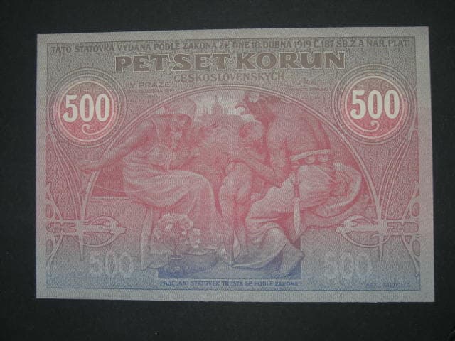 500 Kč 1919, nejzachovanější známý kus, oboustranná