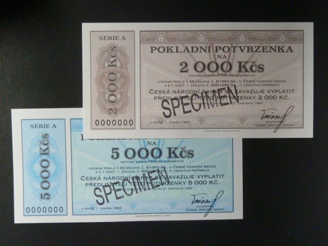 Pokladní potvrzenky 2000 Kč a 5000 Kč 1.2.1993 série A 0000000 bankovní vzory s přetiskem SPECIMEN, velmi vzácné