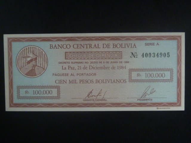 BOLÍVIE, 10 centavos/100000 pesos Bolivianos 1987, BNB. B383a, Pi. 197