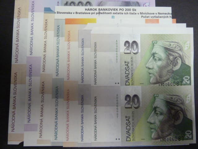 sada bankovek 20 - 5000 Sk 1993 - 1995 série A ve svislých dvoupáskách (z archů)