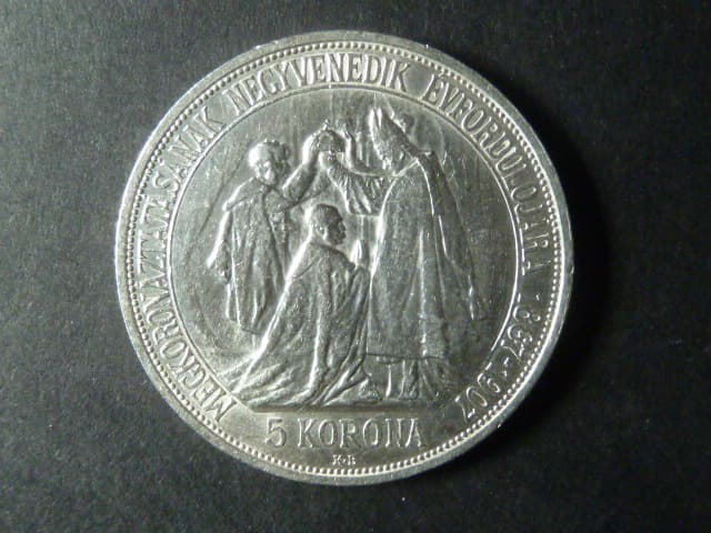 5 Koruna 1907 K.B., 40. výročí korunovace Františka Josefa I. za uherského krále v Budapešti
