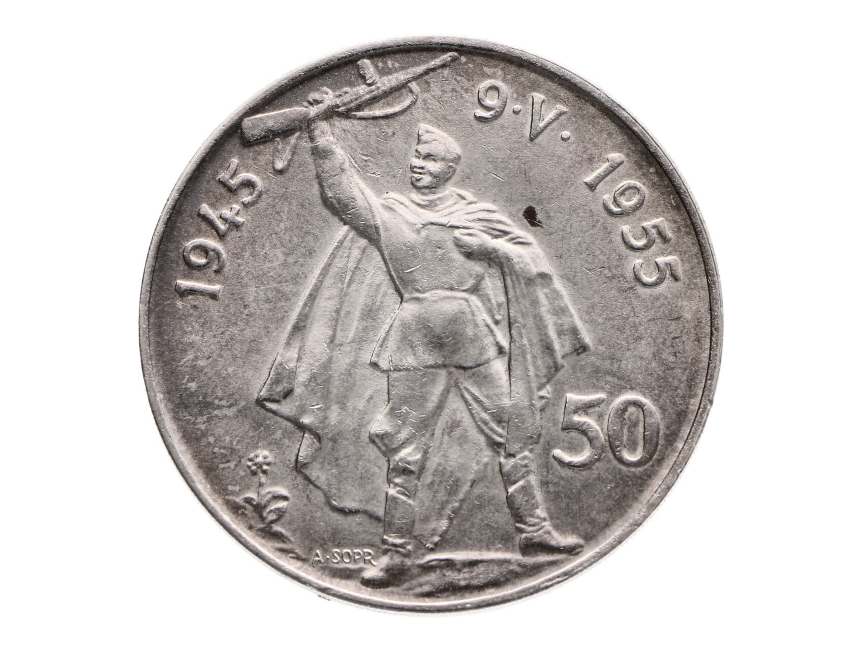 50 Kčs 1955b - 10. výročí osvobození ČSSR "nožka P kratší než u R"