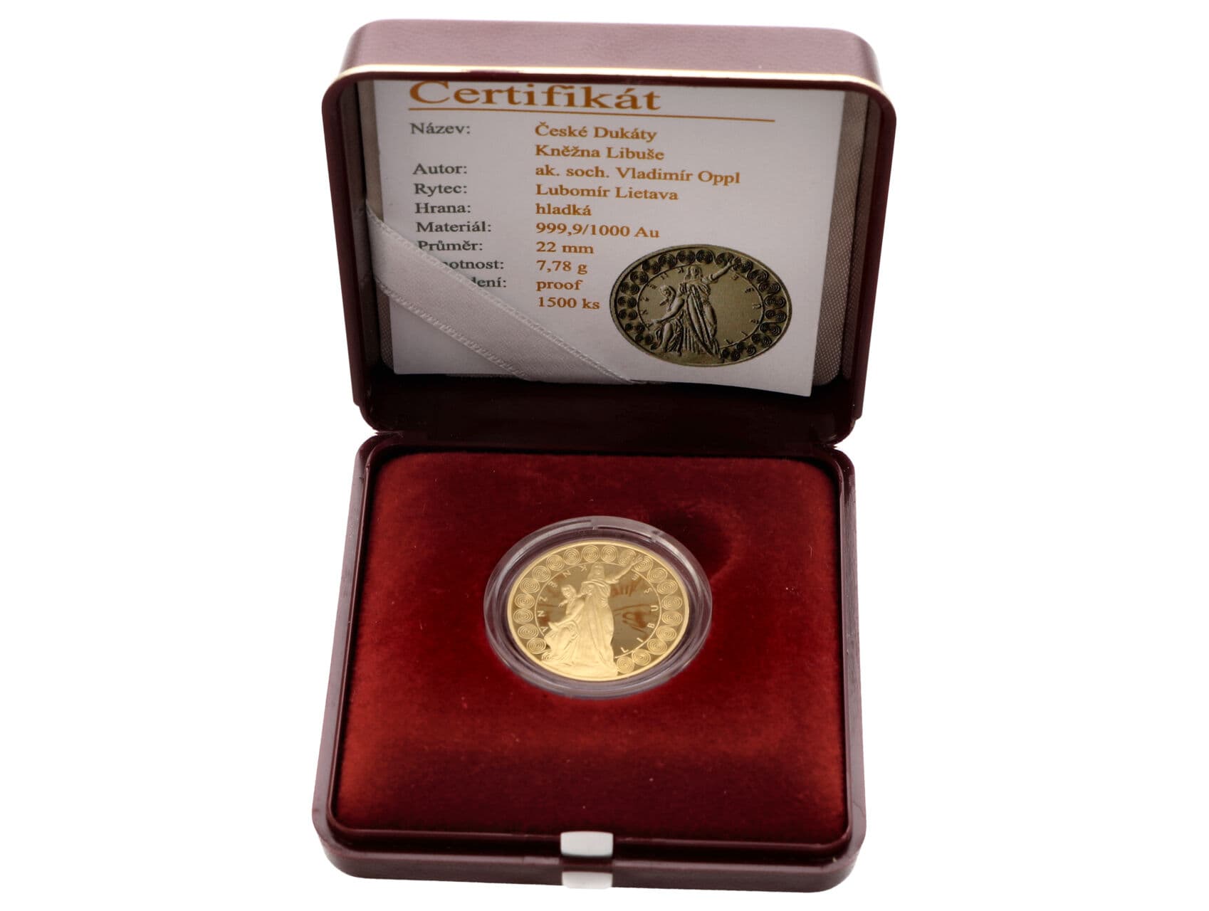 České Dukáty - Kněžna Libuše, ČM a Pražská mincovna, náklad 1500ks, 7,78g, 0.999 Au_