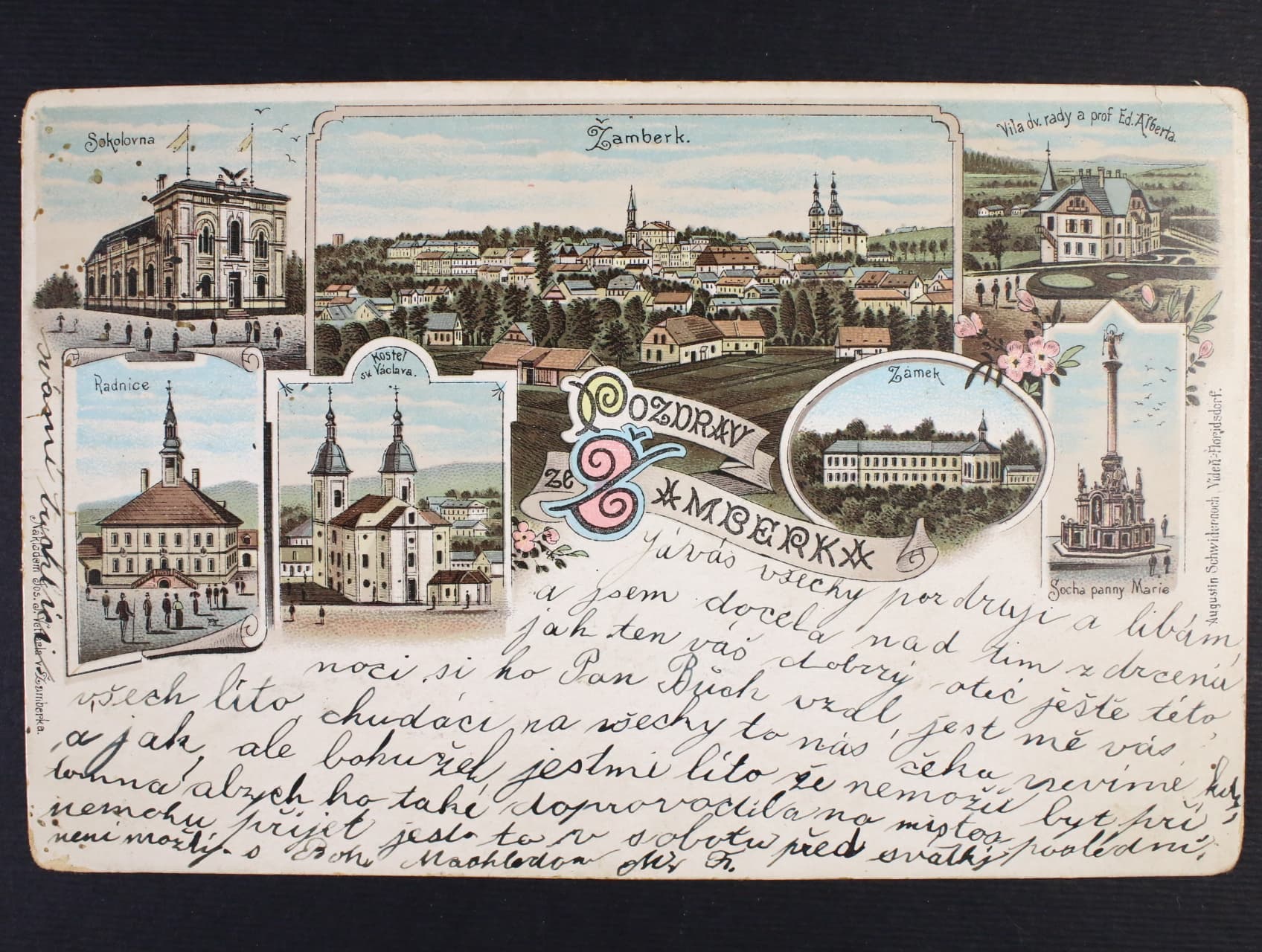 Žamberk, okr. Ústí nad Orlicí, barevná litografická pohlednice, prošlá 1909