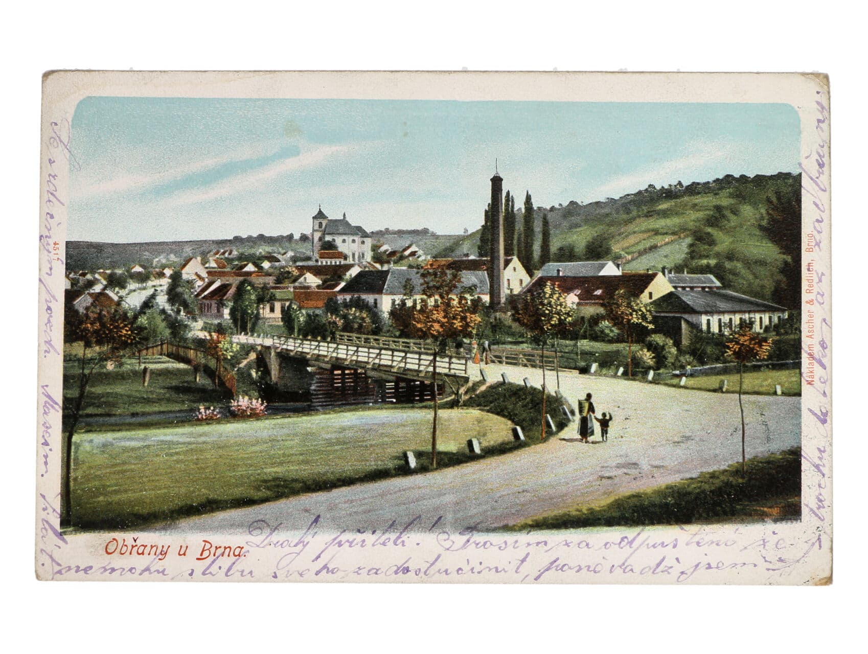 Brno - Obřany - jednobar. pohlednice, dl. adresa, použitá 1903
